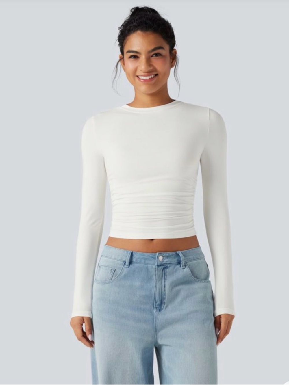 HALARA White Long Sleeve Cropped Tee